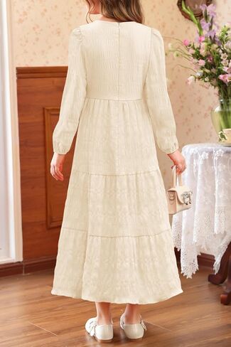 MITILLY Girls Maxi Dress Puff Long Sleeve Crew Neck A-Line Ruffle Tiered Casual Party Dresses with Pockets in Saudi Arabia