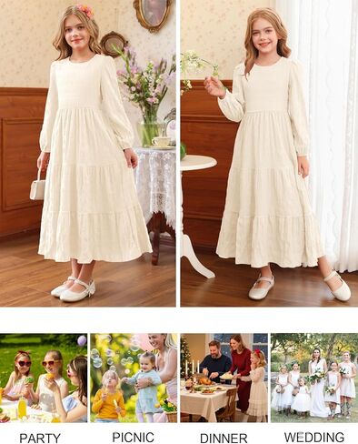 MITILLY Girls Maxi Dress Puff Long Sleeve Crew Neck A-Line Ruffle Tiered Casual Party Dresses with Pockets in Saudi Arabia