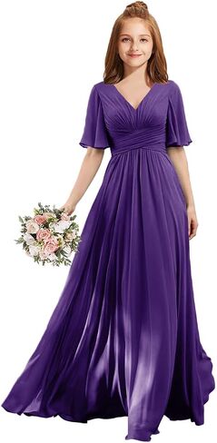 MRHUSH Junior Bridesmaid Dresses V-Neck Flutter Sleeve Flower Girl Dresses for Wedding Chiffon Formal Party Prom Gown A-Line in Saudi Arabia