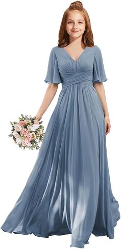 MRHUSH Junior Bridesmaid Dresses V-Neck Flutter Sleeve Flower Girl Dresses for Wedding Chiffon Formal Party Prom Gown A-Line in Saudi Arabia