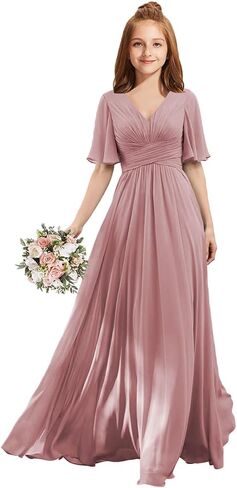 MRHUSH Junior Bridesmaid Dresses V-Neck Flutter Sleeve Flower Girl Dresses for Wedding Chiffon Formal Party Prom Gown A-Line in Saudi Arabia
