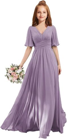 MRHUSH Junior Bridesmaid Dresses V-Neck Flutter Sleeve Flower Girl Dresses for Wedding Chiffon Formal Party Prom Gown A-Line in Saudi Arabia