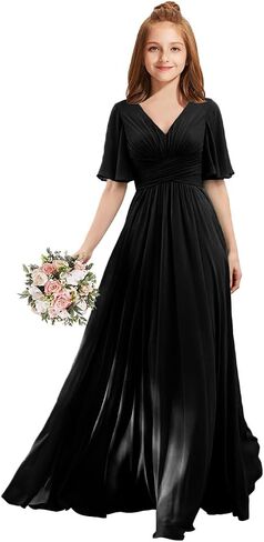 MRHUSH Junior Bridesmaid Dresses V-Neck Flutter Sleeve Flower Girl Dresses for Wedding Chiffon Formal Party Prom Gown A-Line in Saudi Arabia