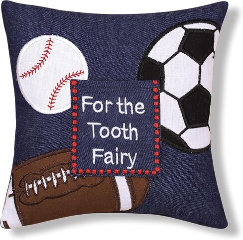 C&F Home Tooth Fairy وسادة مطرزة مع جيب للأولاد، موضوع رياضي للأولاد والبنات، وسادة صغيرة صغيرة الحجم مقاس 6 بوصات × 6 بوصات لغرفة الأطفال وحامل الأسنان لأول مرة in Kuwait