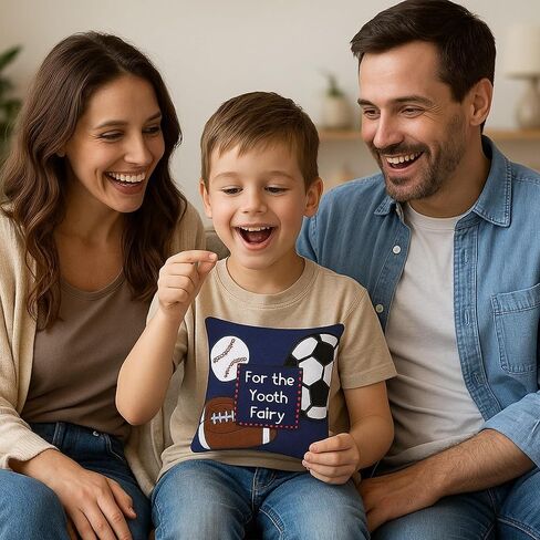 C&F Home Tooth Fairy وسادة مطرزة مع جيب للأولاد، موضوع رياضي للأولاد والبنات، وسادة صغيرة صغيرة الحجم مقاس 6 بوصات × 6 بوصات لغرفة الأطفال وحامل الأسنان لأول مرة in Kuwait