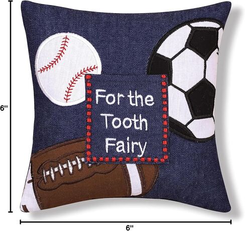 C&F Home Tooth Fairy وسادة مطرزة مع جيب للأولاد، موضوع رياضي للأولاد والبنات، وسادة صغيرة صغيرة الحجم مقاس 6 بوصات × 6 بوصات لغرفة الأطفال وحامل الأسنان لأول مرة in Kuwait