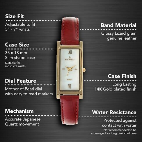 Peugeot Women's Slim 14K Gold Plated White Mother of Pearl Face Roman Numeral Brown Leather Thin Strap Dress Watch 3017BR in Kuwait