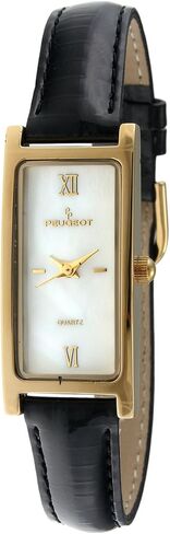 Peugeot Women's Slim 14K Gold Plated White Mother of Pearl Face Roman Numeral Brown Leather Thin Strap Dress Watch 3017BR in Saudi Arabia