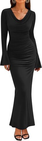 ZESICA Women's 2025 Fall Long Sleeve Ruched Knit Bodycon Maxi Dress Cowl Neck Back Slit Formal Wedding Guest Cocktail Dresses in Saudi Arabia