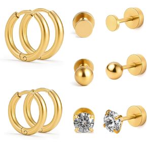 Hypoallergenic Flat Back Earrings Set for Women Men Multiple Piercing Ears Small 14K Gold Cartilage Hoop Earrings 316L Surgical Stainless Steel Tiny Cubic Zirconia Stud Earrings Round Ball Stud Earring UNISEX in Saudi Arabia