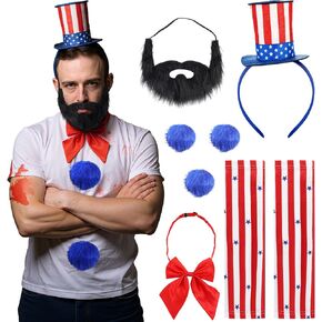 Mepase 7 Pcs Halloween Scary Captain Clown Costume Accessories Set Include Stars and Stripes Headband Arm Sleeves Fake Beard Bow Tie Blue Plush Ball Pin for Halloween Cosplay Party Supplies in Saudi Arabia