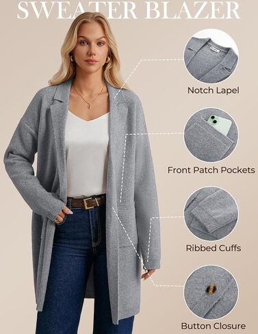 GRACE KARIN Women Long Sweater Blazers, 2025 Open Front Knit Cardigan, Dressy Soft Lapel Jacket with Pockets in Saudi Arabia