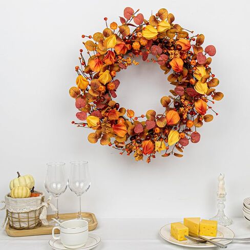 22 بوصة أكاليل الخريف للباب الأمامي إكليل الخريف إكليل الحصاد مع القرع الأوكالبتوس زهور الفانوس الصينية لعيد الشكر جدار المنزل النوافذ في الداخل ديكور خارجي in Kuwait