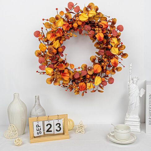 22 بوصة أكاليل الخريف للباب الأمامي إكليل الخريف إكليل الحصاد مع القرع الأوكالبتوس زهور الفانوس الصينية لعيد الشكر جدار المنزل النوافذ في الداخل ديكور خارجي in Kuwait