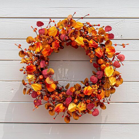22 بوصة أكاليل الخريف للباب الأمامي إكليل الخريف إكليل الحصاد مع القرع الأوكالبتوس زهور الفانوس الصينية لعيد الشكر جدار المنزل النوافذ في الداخل ديكور خارجي in Kuwait