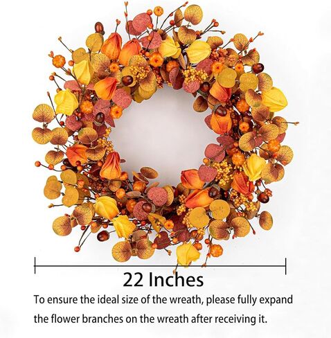 22 بوصة أكاليل الخريف للباب الأمامي إكليل الخريف إكليل الحصاد مع القرع الأوكالبتوس زهور الفانوس الصينية لعيد الشكر جدار المنزل النوافذ في الداخل ديكور خارجي in Kuwait