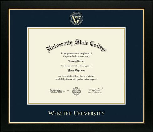 Webster University 13.75" w x 10.75" h Diploma Frame - Fits a bachelor's and master's - Gold Embossed Diploma Frame - Black Moulding with Navy and Gold Matting - Officially Licensed in Saudi Arabia