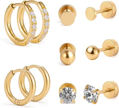 Hypoallergenic Flat Back Earrings Set for Women Men Multiple Piercing Ears Small 14K Gold Cartilage Hoop Earrings 316L Surgical Stainless Steel Tiny Cubic Zirconia Stud Earrings Round Ball Stud Earring UNISEX in Saudi Arabia