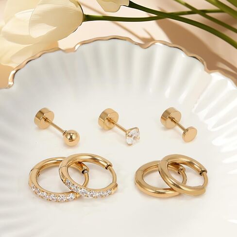 Hypoallergenic Flat Back Earrings Set for Women Men Multiple Piercing Ears Small 14K Gold Cartilage Hoop Earrings 316L Surgical Stainless Steel Tiny Cubic Zirconia Stud Earrings Round Ball Stud Earring UNISEX in Saudi Arabia