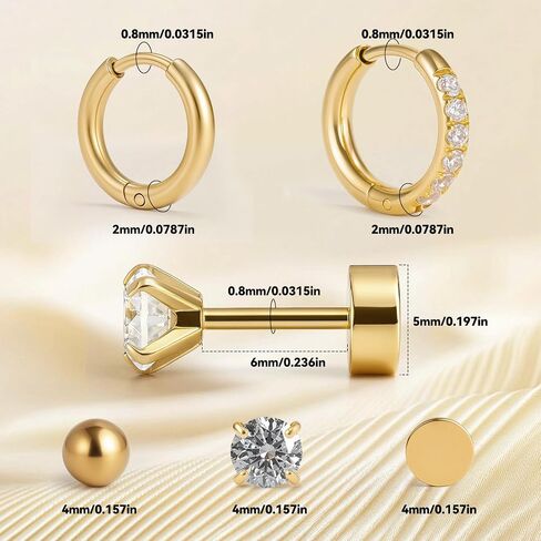 Hypoallergenic Flat Back Earrings Set for Women Men Multiple Piercing Ears Small 14K Gold Cartilage Hoop Earrings 316L Surgical Stainless Steel Tiny Cubic Zirconia Stud Earrings Round Ball Stud Earring UNISEX in Saudi Arabia