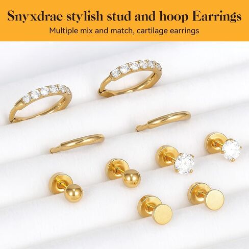 Hypoallergenic Flat Back Earrings Set for Women Men Multiple Piercing Ears Small 14K Gold Cartilage Hoop Earrings 316L Surgical Stainless Steel Tiny Cubic Zirconia Stud Earrings Round Ball Stud Earring UNISEX in Saudi Arabia