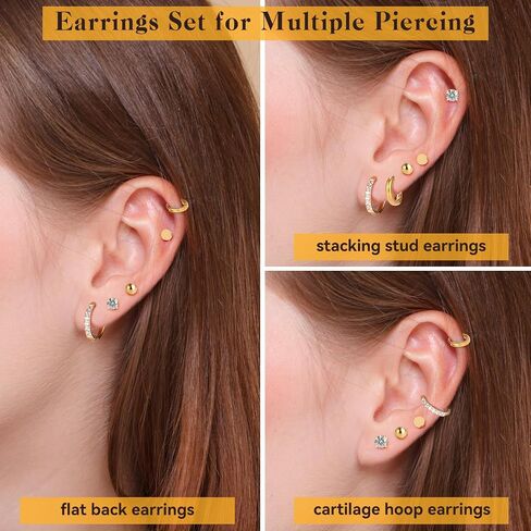 Hypoallergenic Flat Back Earrings Set for Women Men Multiple Piercing Ears Small 14K Gold Cartilage Hoop Earrings 316L Surgical Stainless Steel Tiny Cubic Zirconia Stud Earrings Round Ball Stud Earring UNISEX in Saudi Arabia