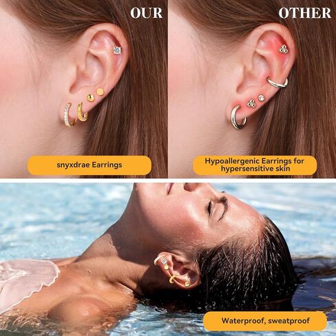 Hypoallergenic Flat Back Earrings Set for Women Men Multiple Piercing Ears Small 14K Gold Cartilage Hoop Earrings 316L Surgical Stainless Steel Tiny Cubic Zirconia Stud Earrings Round Ball Stud Earring UNISEX in Saudi Arabia