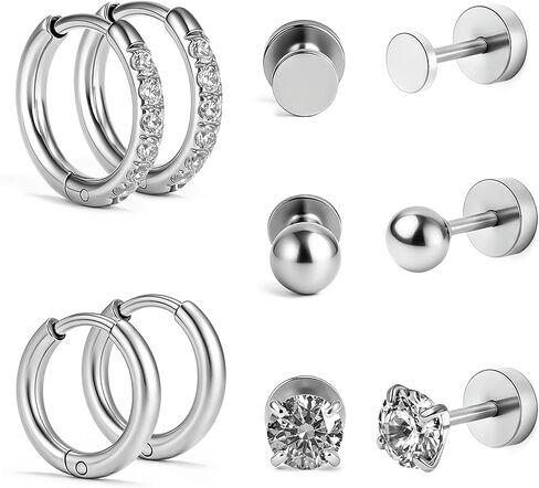 Hypoallergenic Flat Back Earrings Set for Women Men Multiple Piercing Ears Small 14K Gold Cartilage Hoop Earrings 316L Surgical Stainless Steel Tiny Cubic Zirconia Stud Earrings Round Ball Stud Earring UNISEX in Saudi Arabia