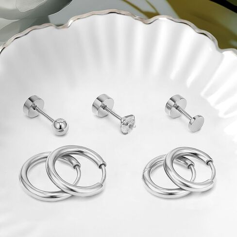 Hypoallergenic Flat Back Earrings Set for Women Men Multiple Piercing Ears Small 14K Gold Cartilage Hoop Earrings 316L Surgical Stainless Steel Tiny Cubic Zirconia Stud Earrings Round Ball Stud Earring UNISEX in Saudi Arabia