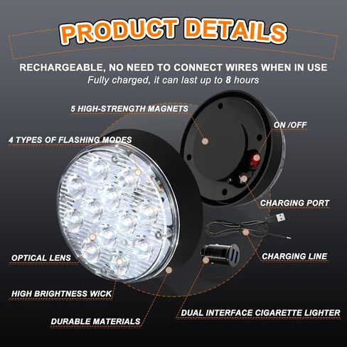 2PCS LED Amber Beacon Emergency Strobe Light, Rechargeable Strobe Lights, Portable Mini Wireless Magnetic LED Flashing Safety Warning Light for Trucks Vehicles Trailer Tractor Postal Car 12V in Kuwait