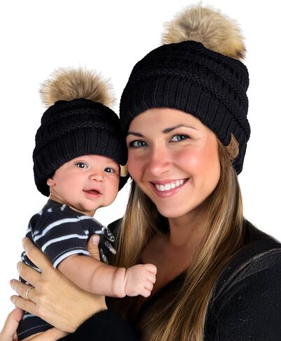 Funky Junque Mommy & Me Matching Single Pom Pom Beanies Set - Adult & Infant (2 Pack) in Kuwait