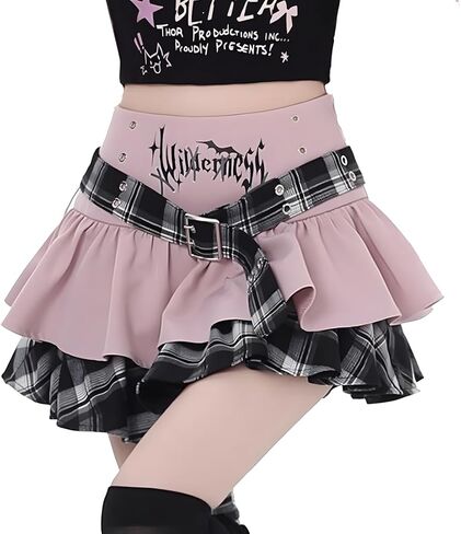 Kawaii Lolita Grunge Gothic Casual Zipper A-Line High Waist Belt Layered Plaid Patchwork Hem Pleated Short Skirt in Saudi Arabia