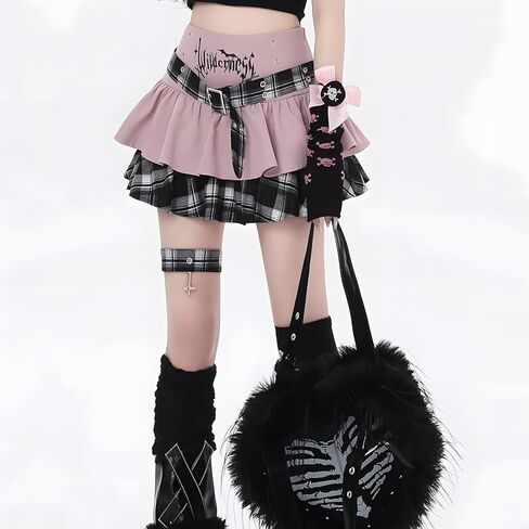 Kawaii Lolita Grunge Gothic Casual Zipper A-Line High Waist Belt Layered Plaid Patchwork Hem Pleated Short Skirt in Saudi Arabia