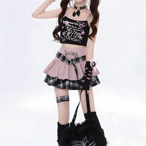 Kawaii Lolita Grunge Gothic Casual Zipper A-Line High Waist Belt Layered Plaid Patchwork Hem Pleated Short Skirt in Saudi Arabia
