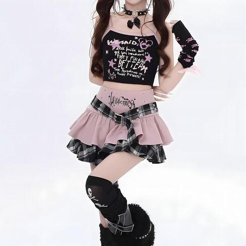 Kawaii Lolita Grunge Gothic Casual Zipper A-Line High Waist Belt Layered Plaid Patchwork Hem Pleated Short Skirt in Saudi Arabia