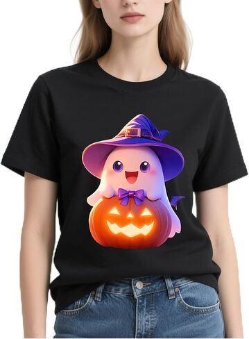 Halloween Shirts for Women 2025 - Pumpkin Ghost Wizard Hat Pattern Round Neck Short Sleeve in Saudi Arabia
