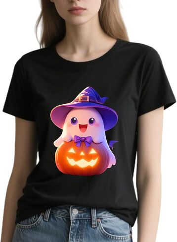 Halloween Shirts for Women 2025 - Pumpkin Ghost Wizard Hat Pattern Round Neck Short Sleeve in Saudi Arabia