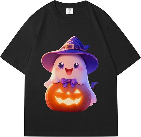 Halloween Shirts for Women 2025 - Pumpkin Ghost Wizard Hat Pattern Round Neck Short Sleeve in Saudi Arabia