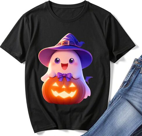 Halloween Shirts for Women 2025 - Pumpkin Ghost Wizard Hat Pattern Round Neck Short Sleeve in Saudi Arabia
