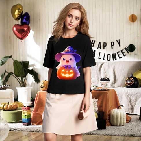 Halloween Shirts for Women 2025 - Pumpkin Ghost Wizard Hat Pattern Round Neck Short Sleeve in Saudi Arabia