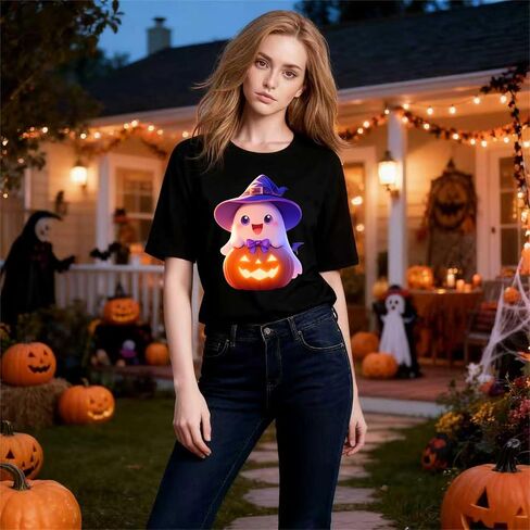 Halloween Shirts for Women 2025 - Pumpkin Ghost Wizard Hat Pattern Round Neck Short Sleeve in Saudi Arabia