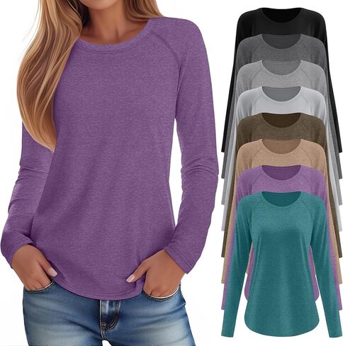 8 Pack Women's Long Sleeve Shirts, Raglan Crew Neck Tops Tunic Cotton Loose Fit Casual Basic Tee Shirt in Saudi Arabia