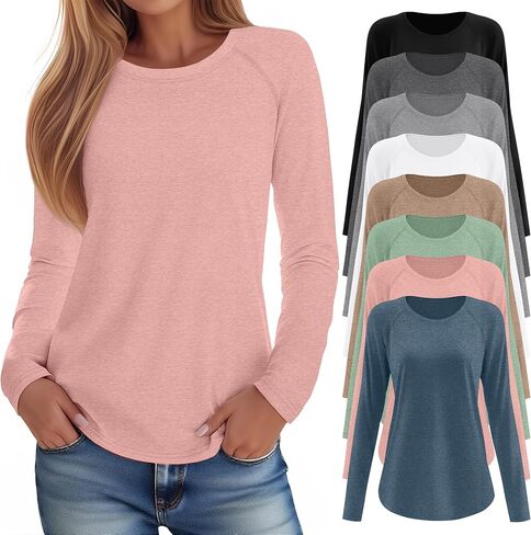 8 Pack Women's Long Sleeve Shirts, Raglan Crew Neck Tops Tunic Cotton Loose Fit Casual Basic Tee Shirt in Saudi Arabia