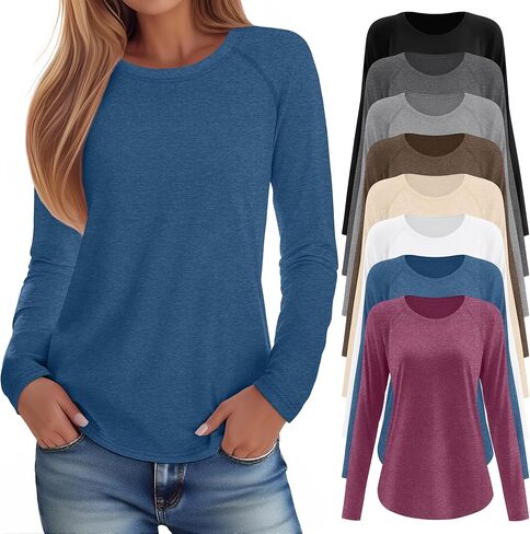 8 Pack Women's Long Sleeve Shirts, Raglan Crew Neck Tops Tunic Cotton Loose Fit Casual Basic Tee Shirt in Saudi Arabia