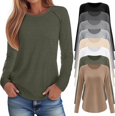 8 Pack Women's Long Sleeve Shirts, Raglan Crew Neck Tops Tunic Cotton Loose Fit Casual Basic Tee Shirt in Kuwait