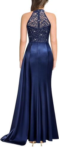Miusol Women's Sexy Halter Sequin Lace Satin High Split Ruched Style Evening Party Maxi Dress in Saudi Arabia