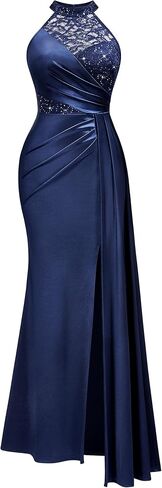 Miusol Women's Sexy Halter Sequin Lace Satin High Split Ruched Style Evening Party Maxi Dress in Saudi Arabia