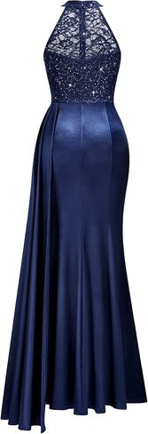 Miusol Women's Sexy Halter Sequin Lace Satin High Split Ruched Style Evening Party Maxi Dress in Saudi Arabia