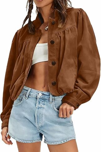 Women's Suede Short Pilot Jacket - Puffed Long Sleeves Button Stand-Up Collar - Casual Oversized Spring Autumn Coat with Retro Moto Style in Saudi Arabia