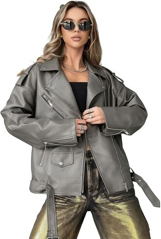 utcoco Women's Oversized Faux Leather Moto Jacket Cropped Zip Up Biker Jacket with Belt and Pockets in Saudi Arabia